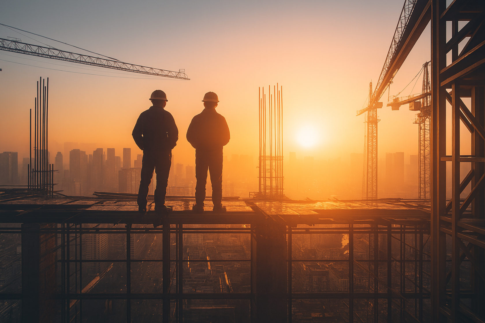 Dva stavební inženýři sledují moderní výstavbu města při západu slunce