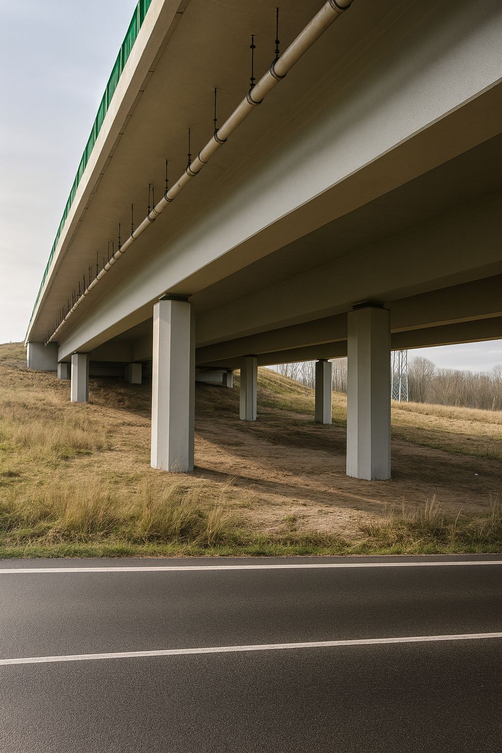 Realizace nosné konstrukce a opěr dálničního mostu ve fázi hrubé stavby.