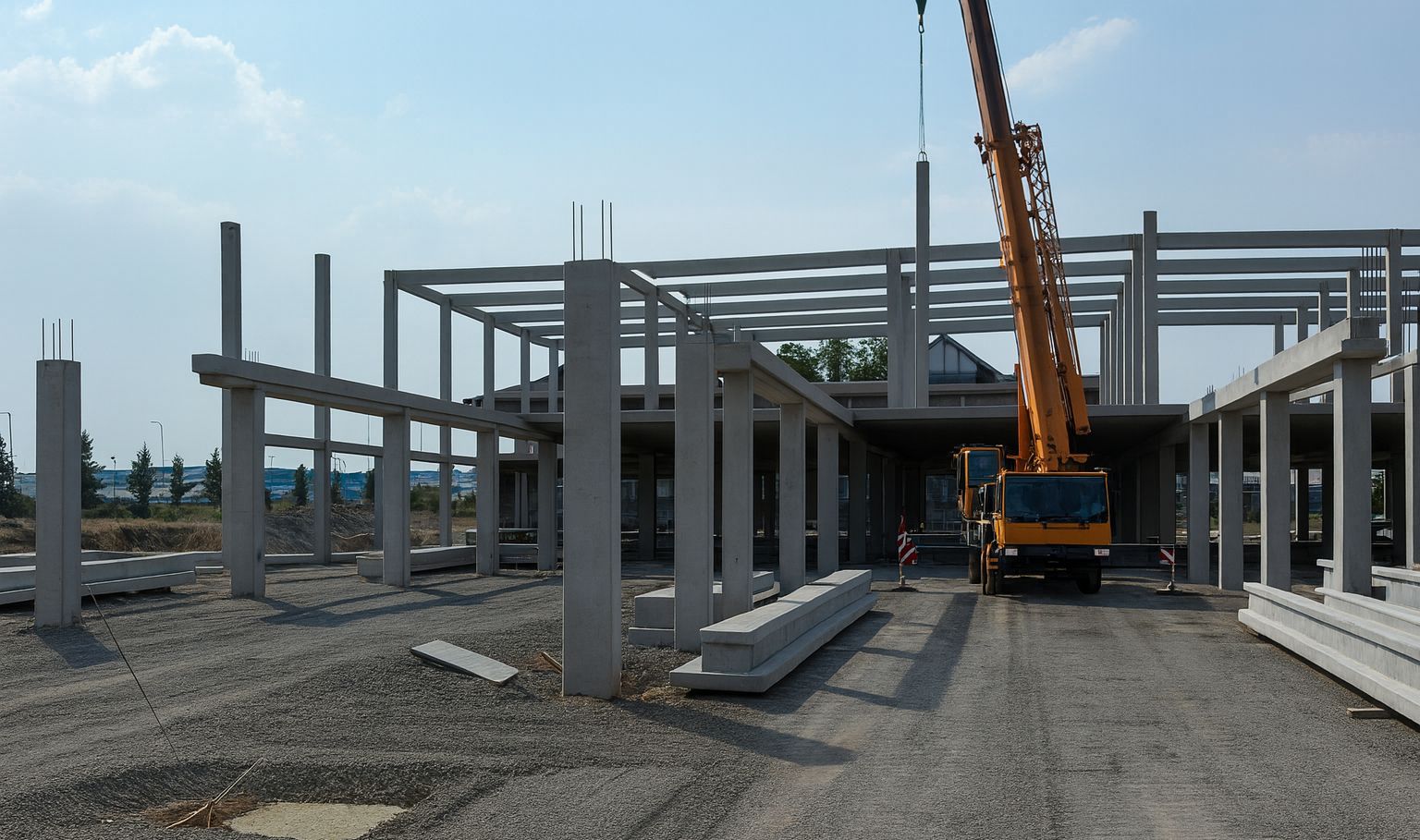 Realizace montované železobetonové haly Mobelix v Plzni – montáž konstrukce, sloupů a nosníků